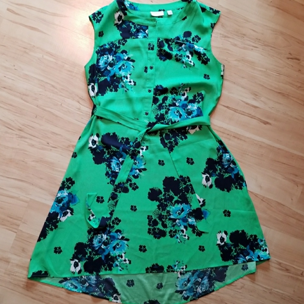 Green and blue floral button down tie waist dress